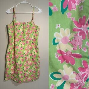 Vintage Y2K Lilly Pulitzer Rhinodendrum Green and Pink Rhino Floral Print Dress